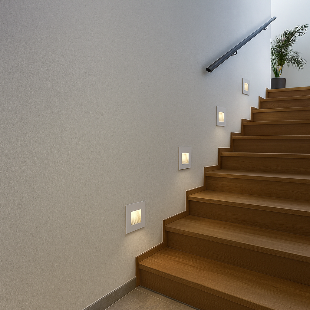Wooden staircase with wall-mounted lights in a modern interior setting.